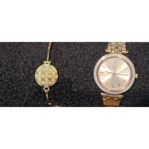Michael Kors Crystal Gold Tone Women’s Watch n Matching Logo Bangle Bracelet Set